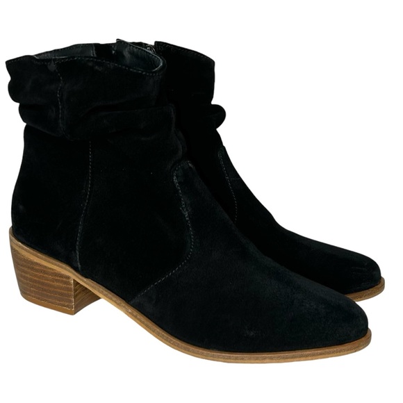 ANTHROPOLOGIE Women 38 7 Barcelona Black Suede Slouch Ankle Block‎ Heel Booties. - Picture 1 of 14